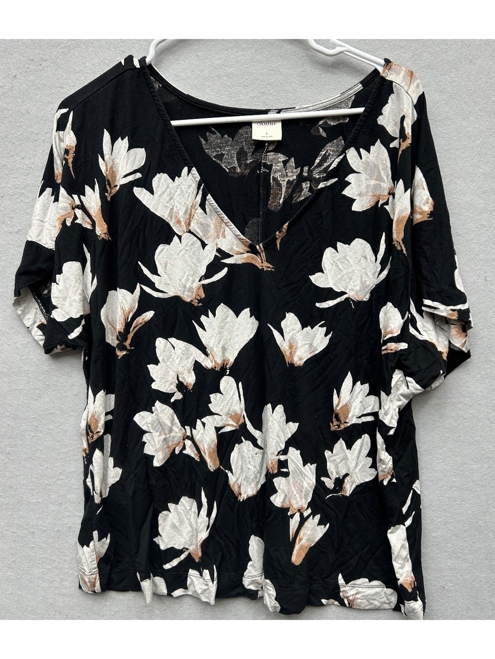 Soma Black with White Floral Brown V Neck Sleep Shirt Womens Size L
